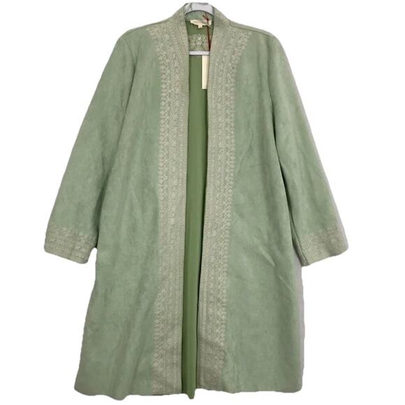 New Solitaire Green Embroidered Boho Faux Suede Open Front Long Coat Small E25 - Picture 1 of 8